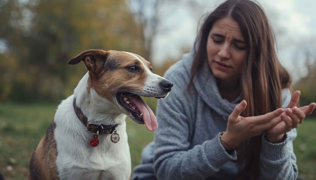 Dog outdoors showing signs of diarrhoea while owner looks concerned