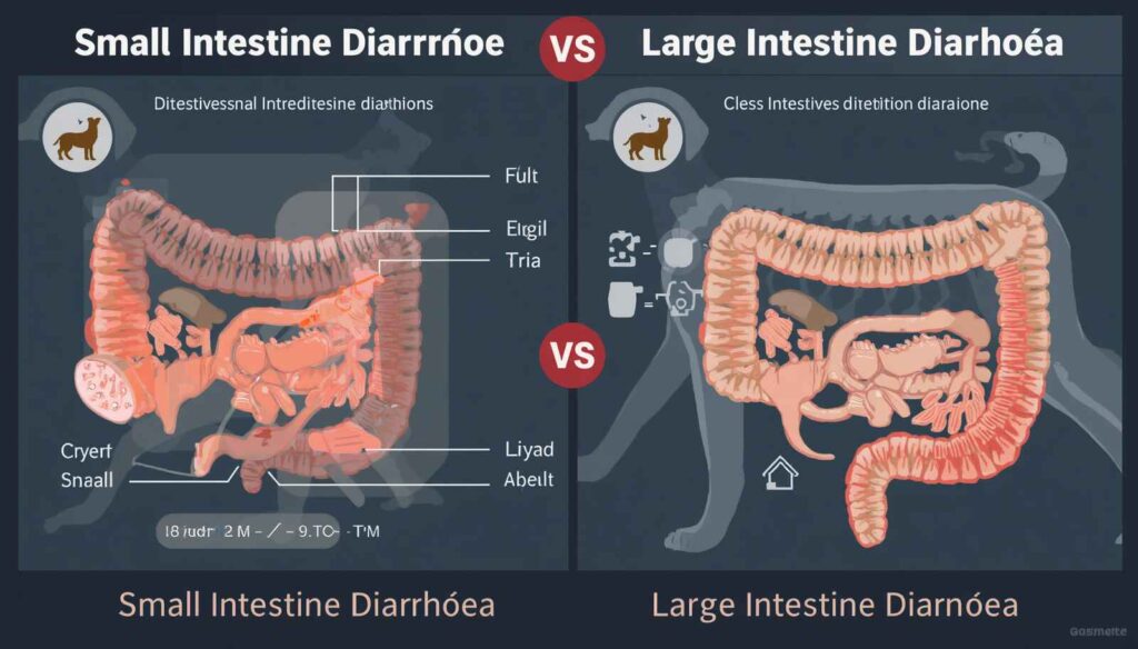 Comparison infographic of small intestine and large intestine diarrhoea in dogs