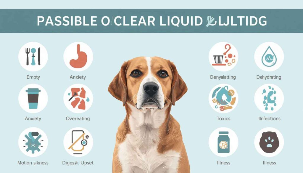 Educational infographic showing possible causes of clear liquid vomiting in dogs
