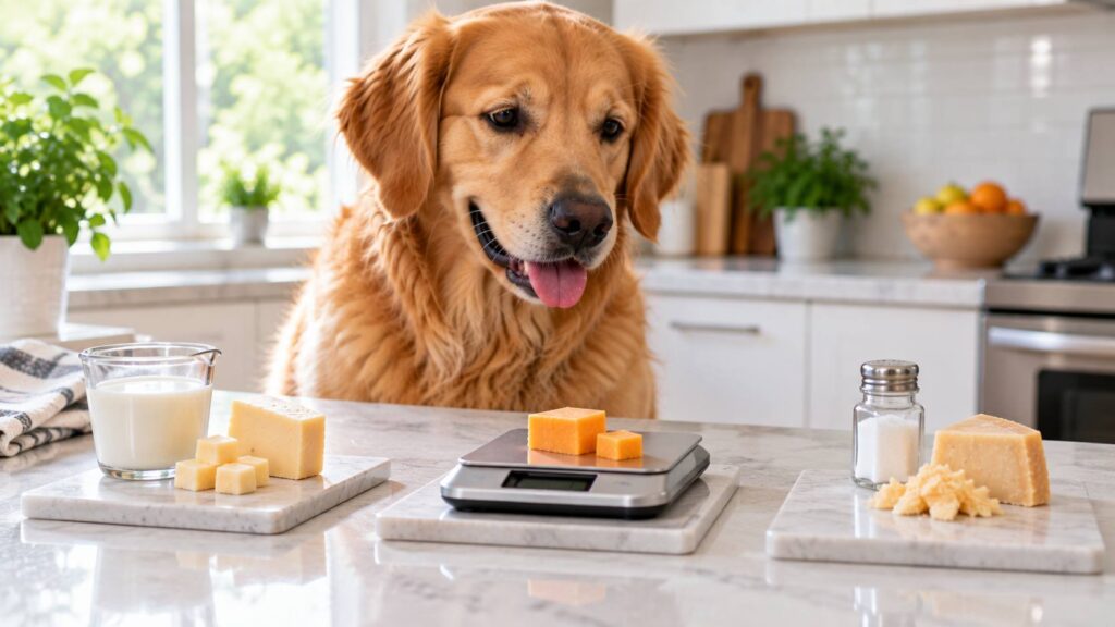 Dog beside different cheeses with visual cues representing lactose, fat, calories and sodium concerns.