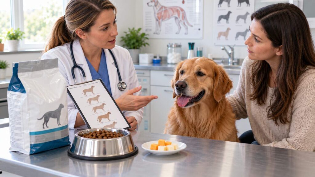 Veterinarian discussing a dog's diet with an owner while cheese is kept separate from prescribed dog food.