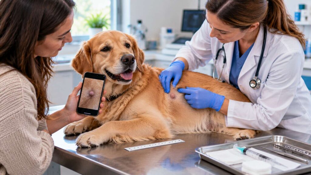 Veterinarian examining a dog's lump while the owner shows a photo and measurement recorded on a smartphone