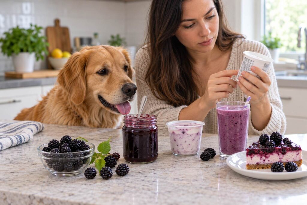 Dog sitting near blackberry jam, yoghurt, smoothie, and dessert while owner checks ingredients