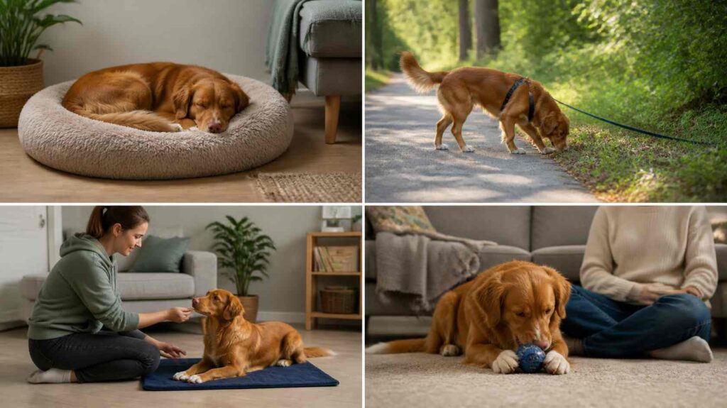 Dog following a balanced routine with sniff walks, calm training, enrichment activities and scheduled rest at home.
