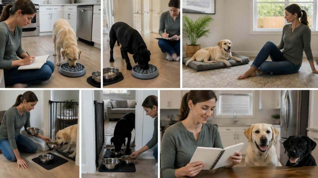 Dog owner using a slow feeder and monitoring feeding habits over several days.