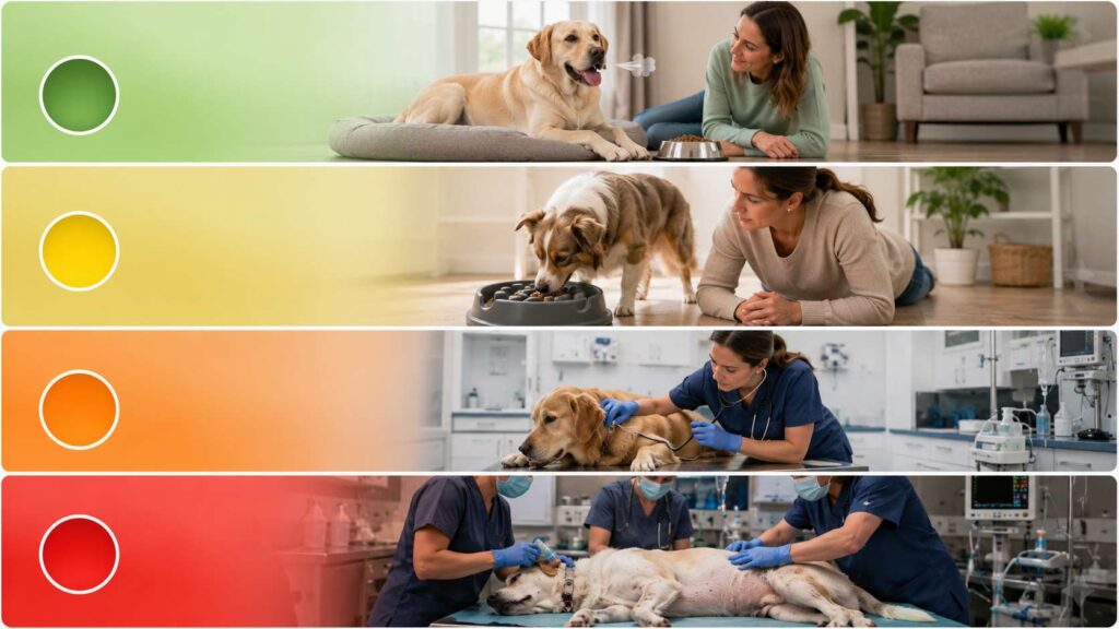 Four-step veterinary decision guide showing when dog burping is normal and when emergency care is needed.