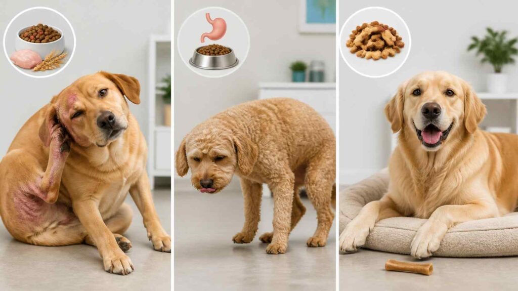 Comparison showing Are Dogs Allergic to Chicken versus food intolerance and temporary digestive upset in dogs through realistic veterinary illustrations.
