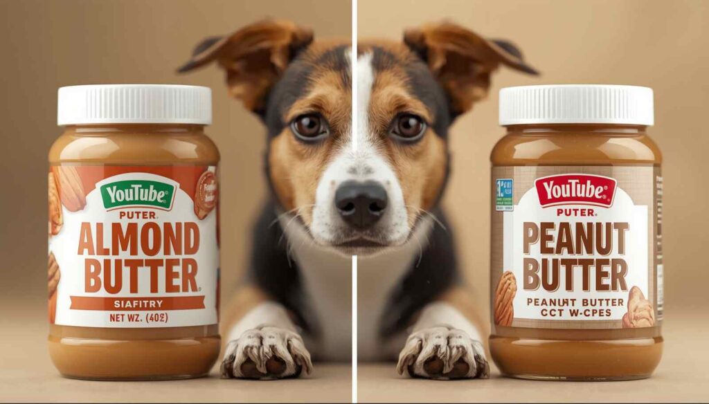 A dog sitting between a jar of almond butter and a jar of peanut butter, comparing both nut butter options for dogs