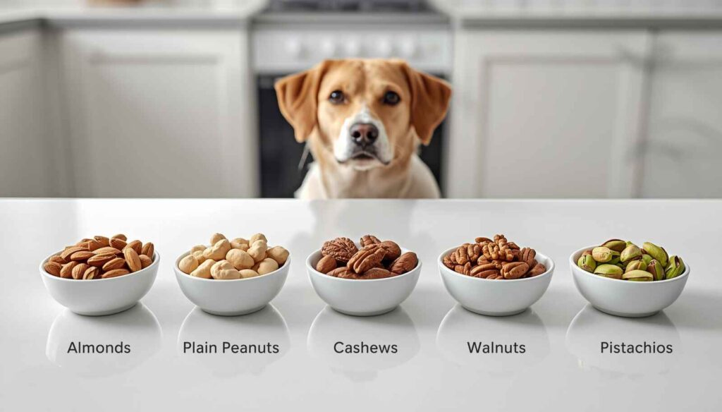 Almonds, macadamia nuts, peanuts, cashews, walnuts, pecans and pistachios compared for dog safety