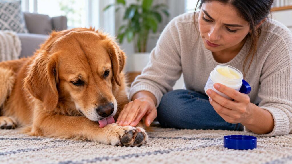 Dog owner stopping a dog from licking ointment from a recently treated dry paw.