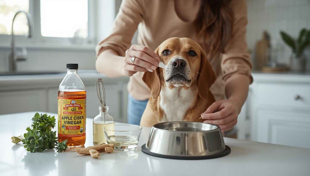 Healthy dog sitting beside apple cider vinegar and a water bowl in a kitchen.
