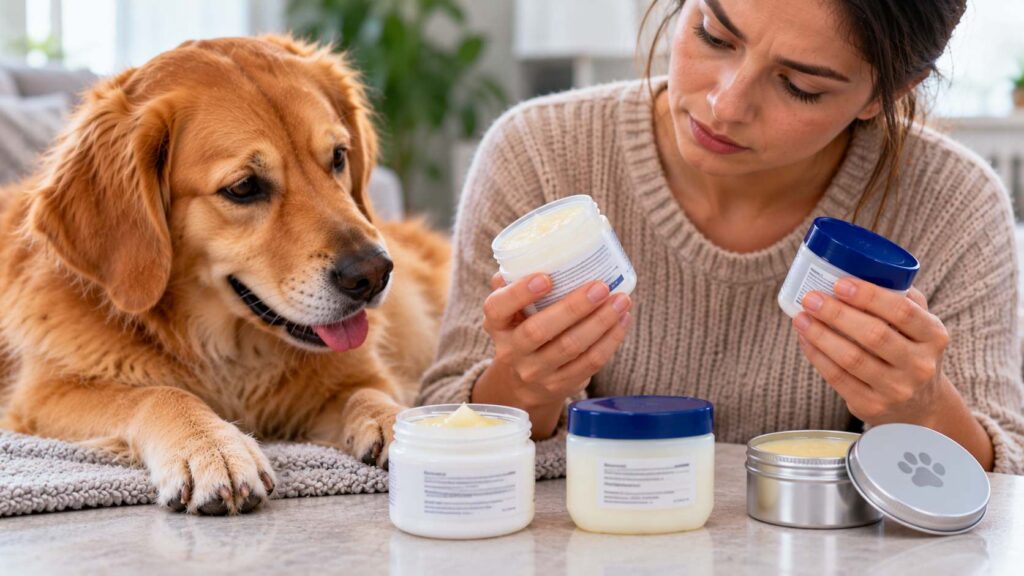 Unbranded skin ointment, petroleum jelly and dog paw balm compared beside a dog's healthy paw.