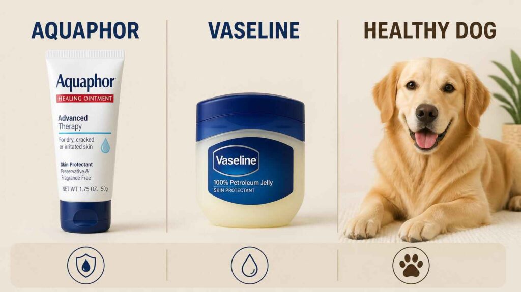 Side-by-side comparison of Aquaphor and Vaseline products for dog paw and skin care.