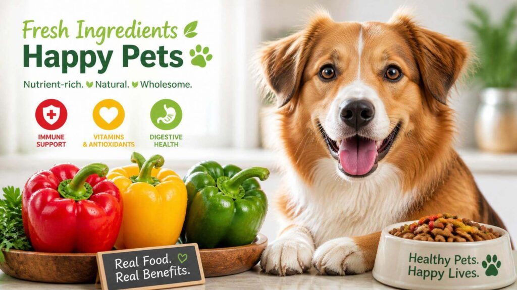 Healthy dog with fresh red yellow and green bell peppers showing healthy nutrition