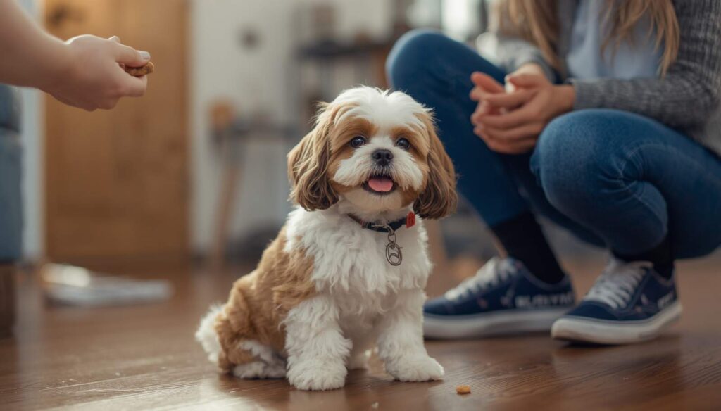 Cavapoochon dog learning commands with treats during a training session.