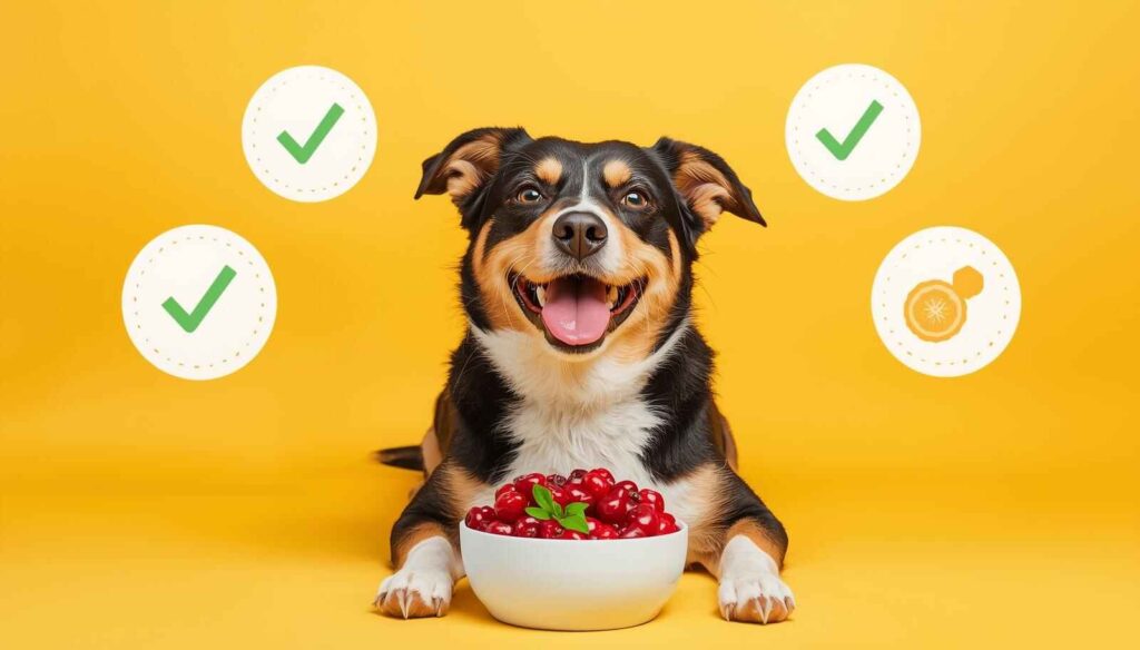 Happy dog sitting beside fresh cranberries and healthy food icons