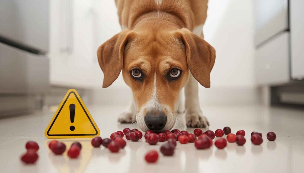 Dog sniffing fresh cranberries with caution symbol in kitchen