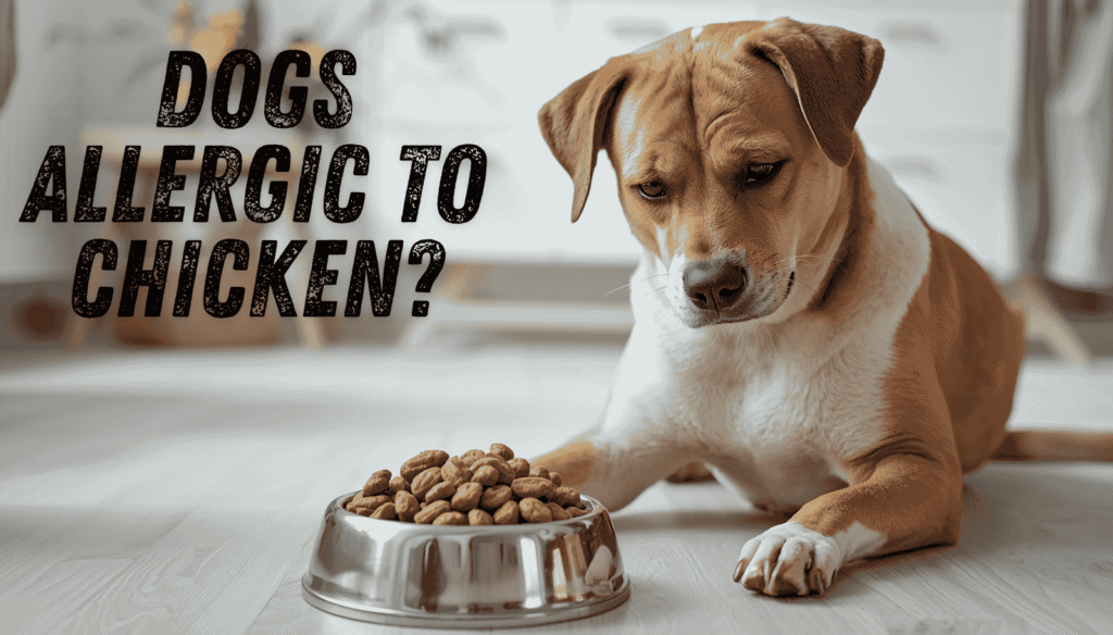Dog scratching near a bowl of chicken-based dog food due to possible allergy