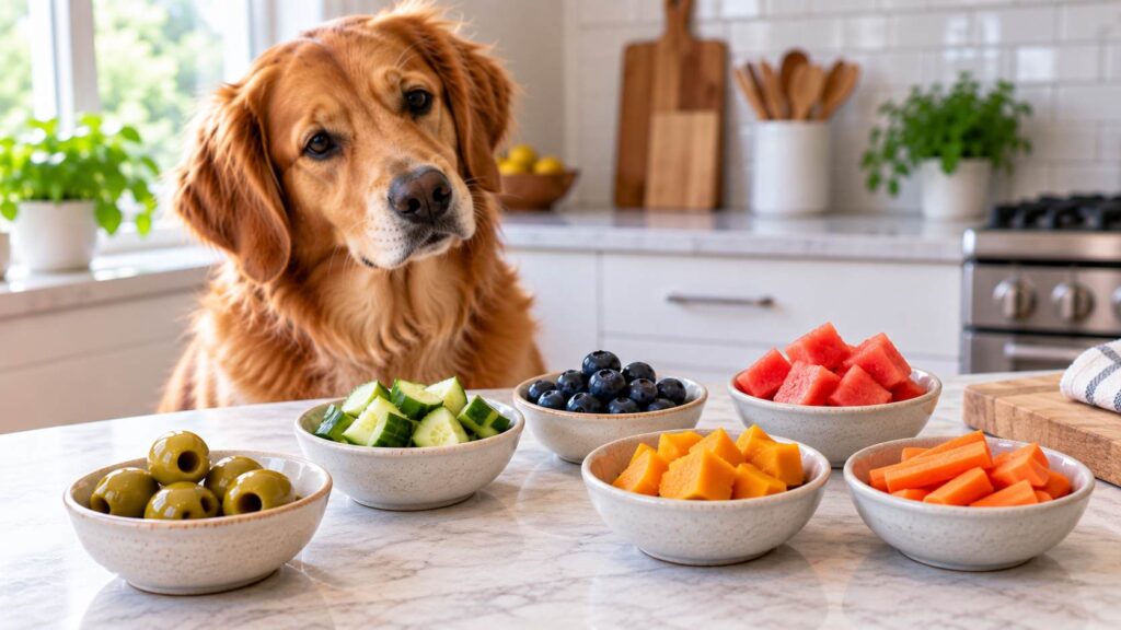 Dog beside pitted olives, cucumber, blueberries, watermelon, pumpkin and carrots