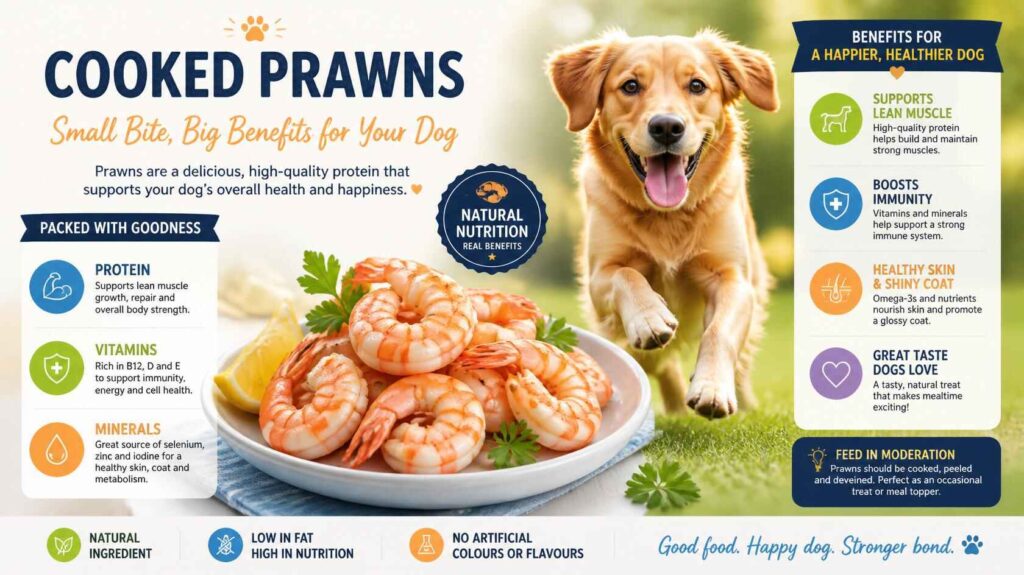 Healthy dog with cooked prawns showing nutritional benefits and protein for dogs