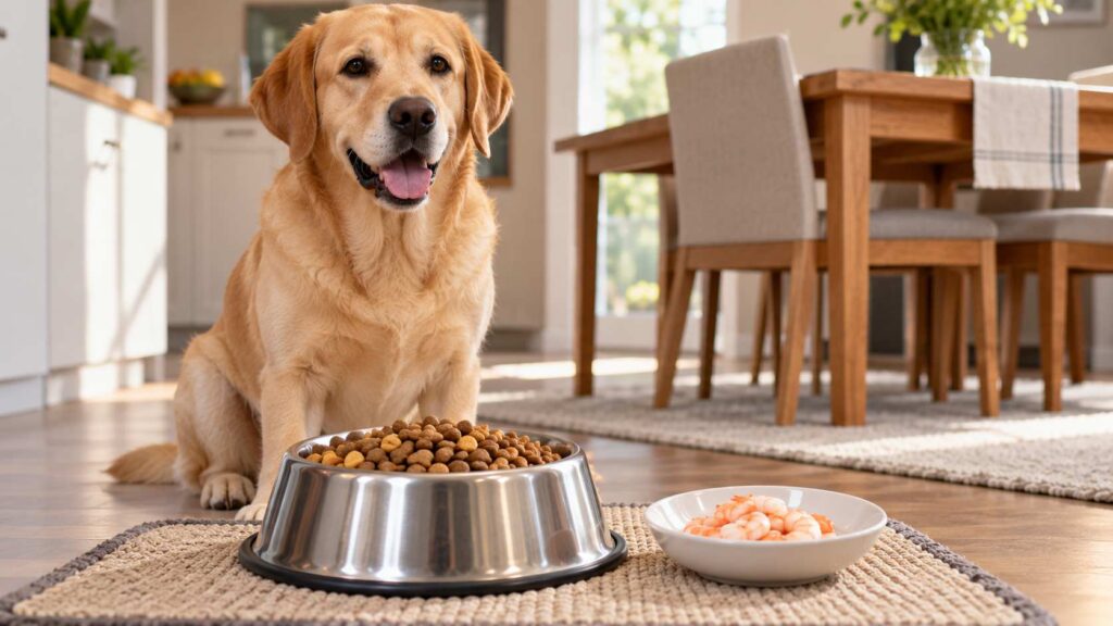 Labrador sitting beside a bowl of complete dog food and a separate small plate of plain cooked prawns.