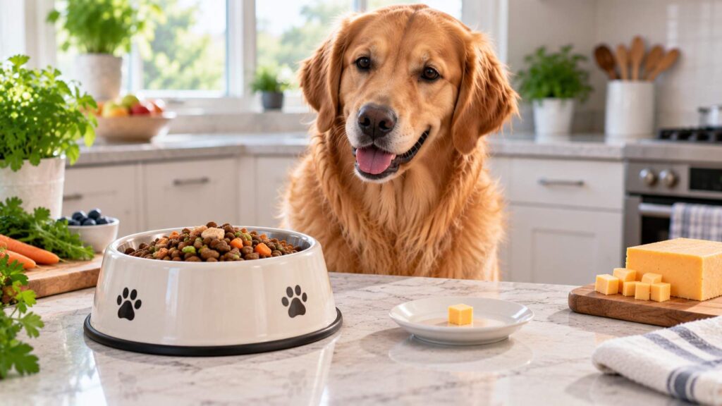 Healthy dog beside a balanced dog-food bowl and a tiny separate piece of plain cheese.