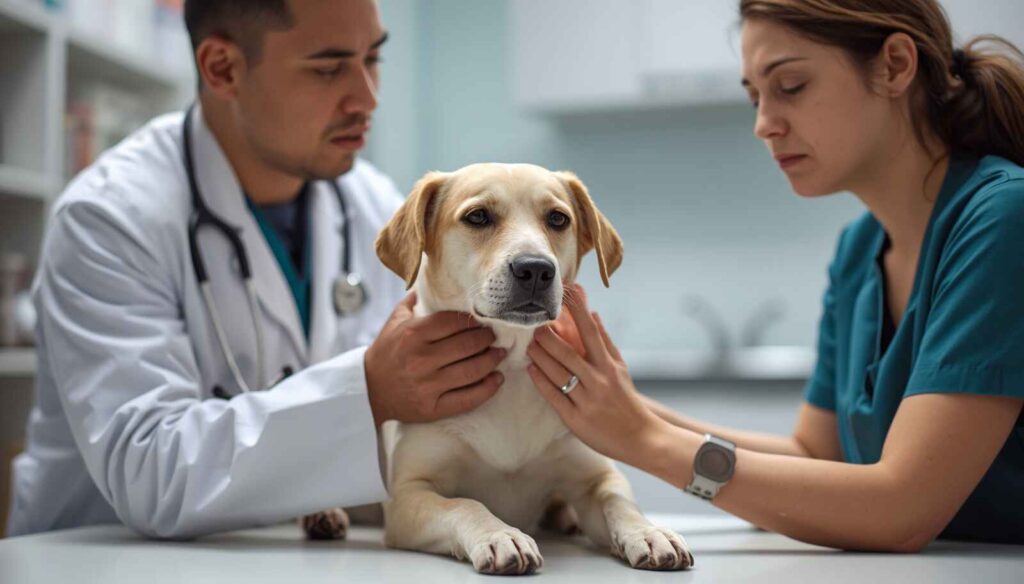 Veterinarian examining a sick dog for bacterial or viral gastroenteritis infection