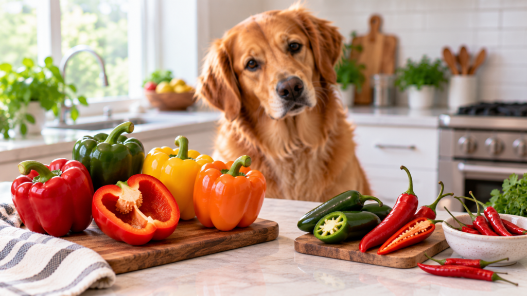 Dog beside colourful bell peppers, jalapeños and red chillies for pepper identification