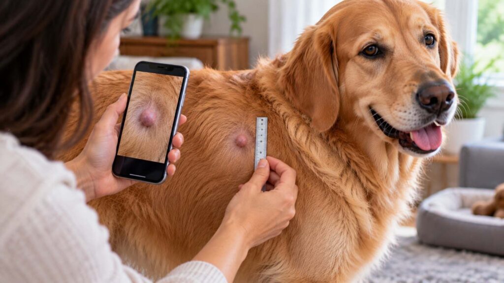 Owner photographing and measuring a small lump on a dog's side to track changes over time