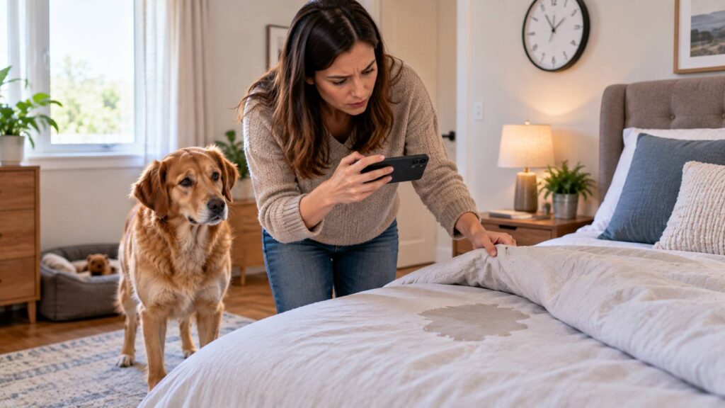 Dog owner recording details after finding a urine accident on the bed