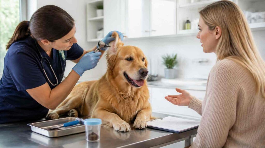 Veterinarian checking a dog for fleas, ear infection, parasites, and skin disease before diagnosing a food allergy.