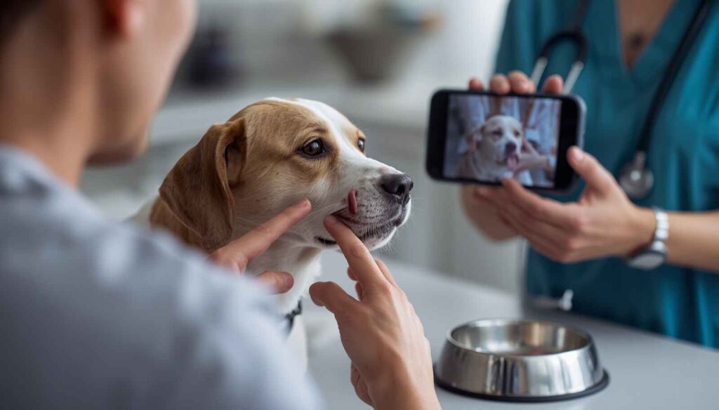 Dog showing possible acid reflux signs while a veterinarian helps identify whether the problem is reflux, vomiting or regurgitation.