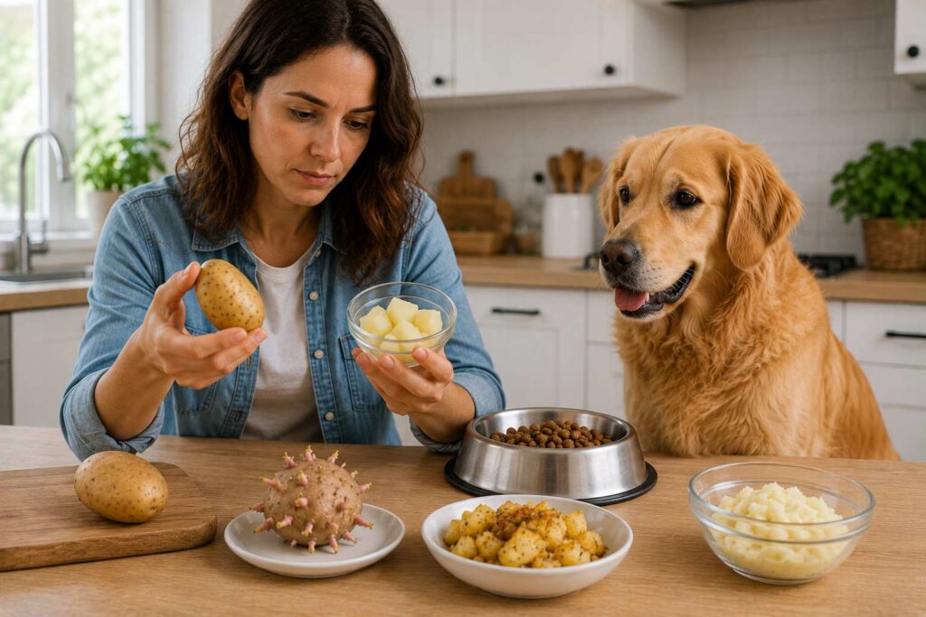 Dog owner inspecting a potato and a small bowl of plain cooked potato pieces before offering them to a dog
