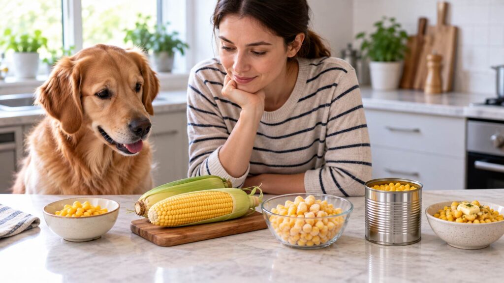 Dog owner comparing plain kernels, frozen sweetcorn, tinned corn and corn on the cob