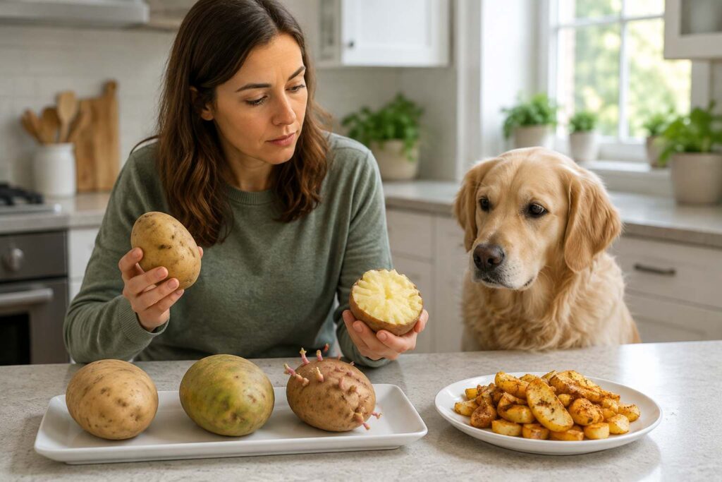 Dog owner comparing plain cooked, raw, green, sprouted and seasoned potatoes before feeding a dog