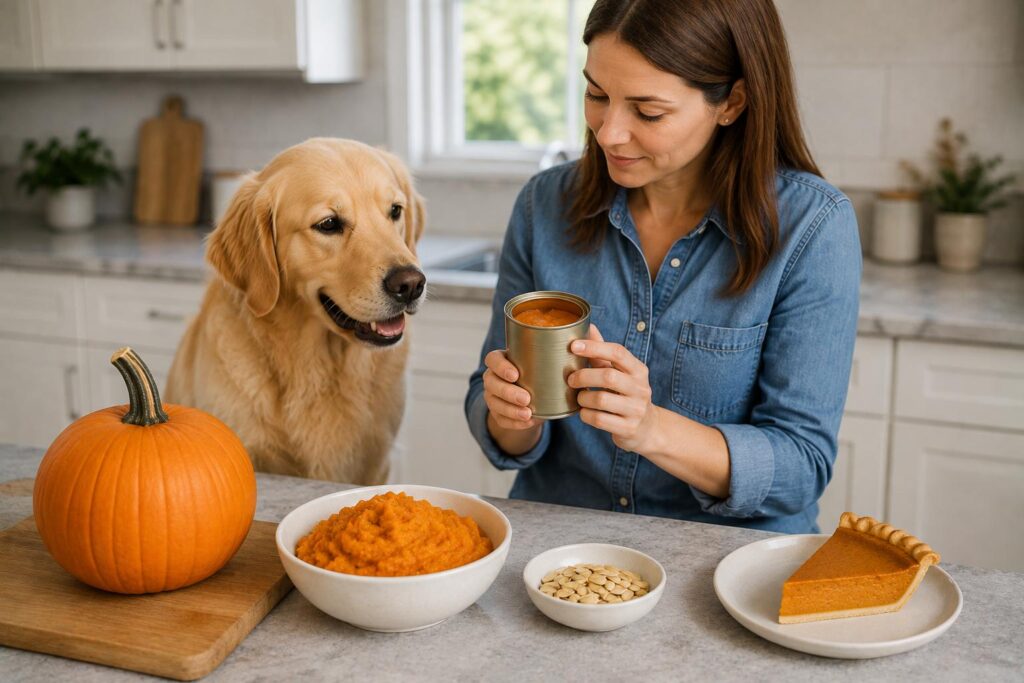 Dog owner comparing fresh, cooked and canned pumpkin before feeding a dog