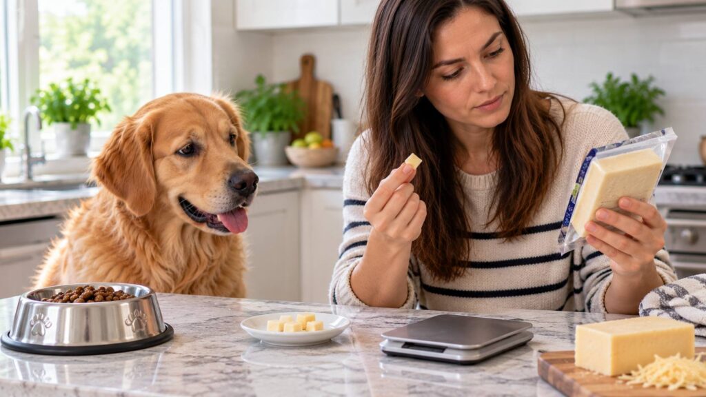 Dog owner checking a cheese label and portion before offering a small piece to a dog.