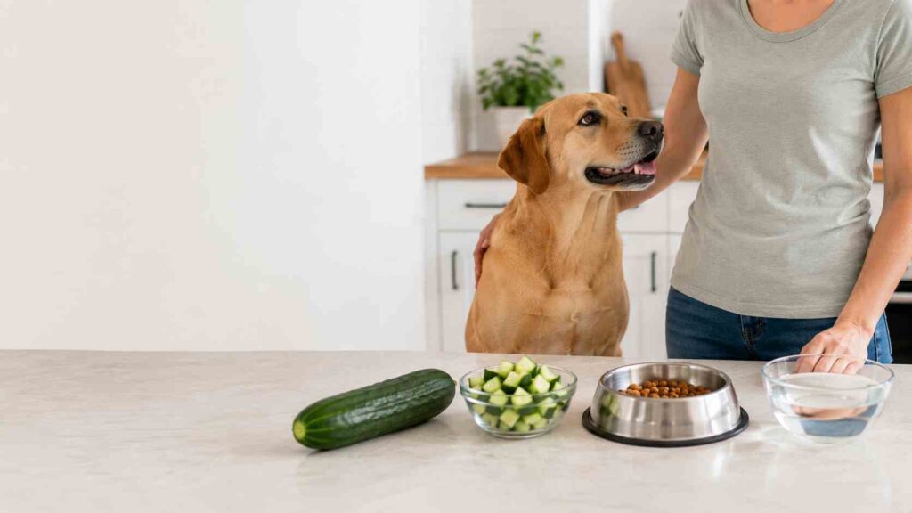 Fresh washed cucumber, bite-sized pieces and drinking water prepared beside a waiting dog.