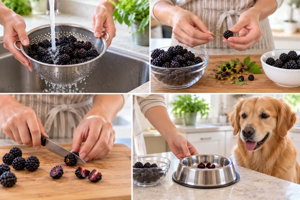 Owner washing and preparing fresh blackberries before offering a small portion to a dog
