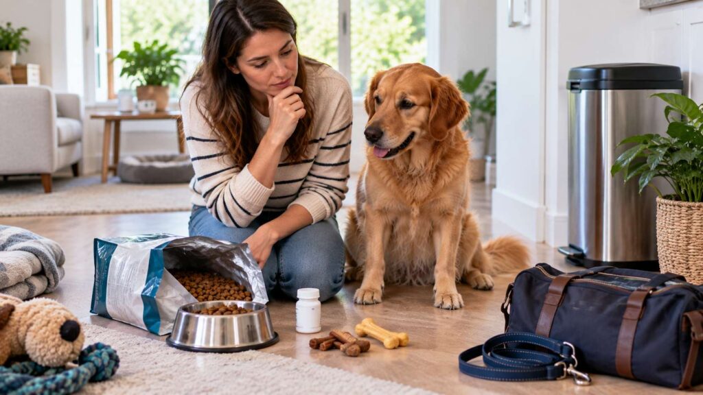 Dog owner reviewing recent food, treats, travel and medication changes that may explain diarrhoea