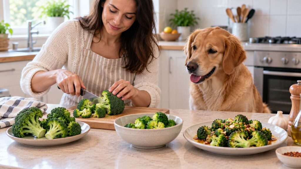 Dog sitting beside plain, steamed, and seasoned broccoli options on a kitchen counter