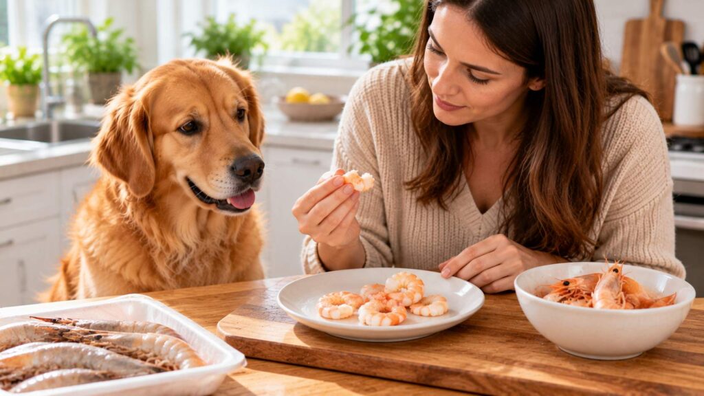 Golden Retriever waiting beside a plate of plain cooked prawns while the owner checks their preparation.
