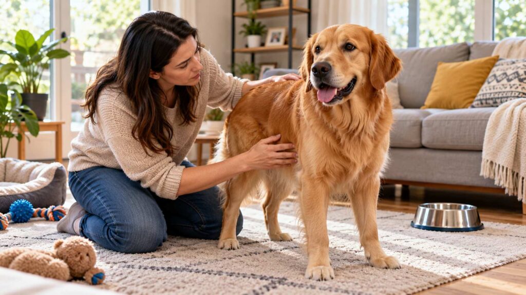 Dog owner checking a Golden Retriever's behaviour and overall health at home.
