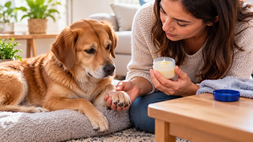 Dog owner checking a dog's dry paw while holding a skin ointment container before application.