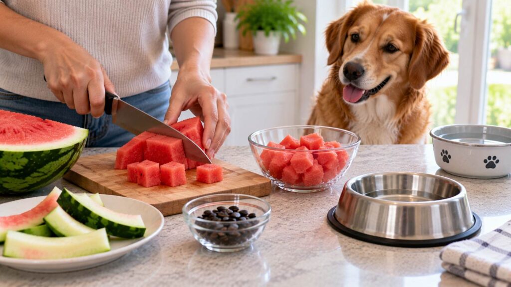 Owner removing watermelon rind and seeds before cutting the flesh into small pieces for a dog