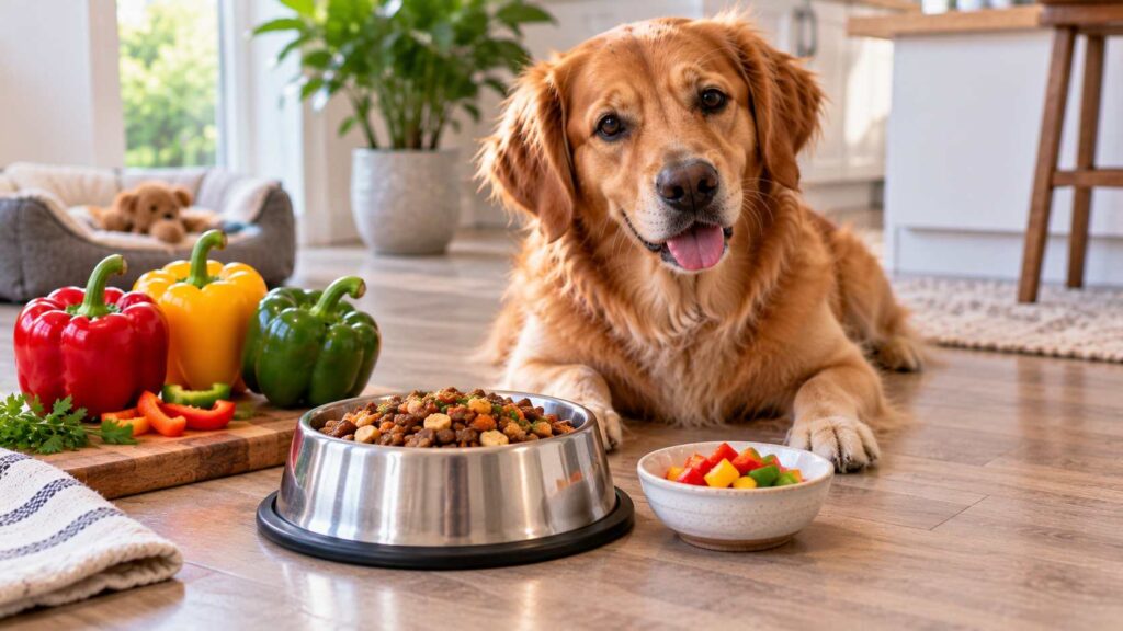 Dog with its regular food and a small side portion of plain bell pepper pieces