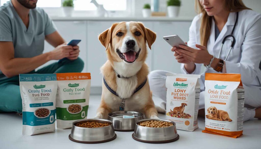 Best dog food for acid reflux comparison with a veterinarian helping a dog owner choose a suitable low-fat diet.