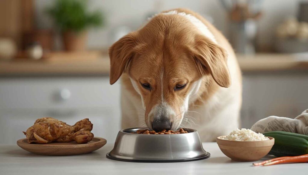 Healthy dog eating acid reflux friendly food with chicken rice and vegetables
