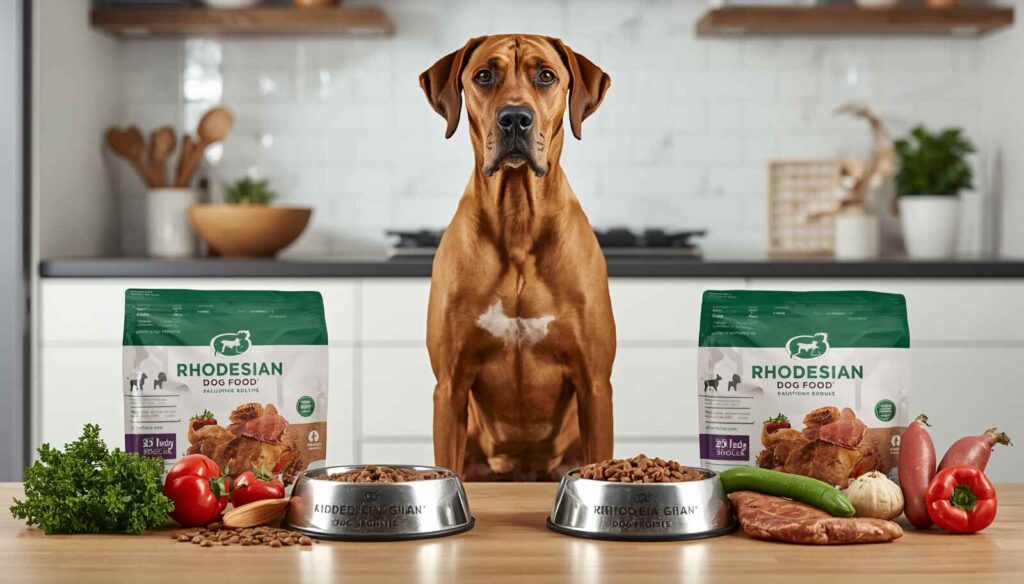 Healthy Rhodesian Ridgeback standing beside premium dog food and healthy ingredients