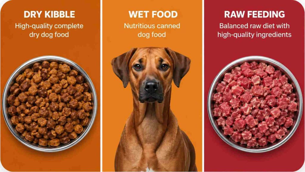 Comparison of dry wet and raw dog food for an adult Rhodesian Ridgeback